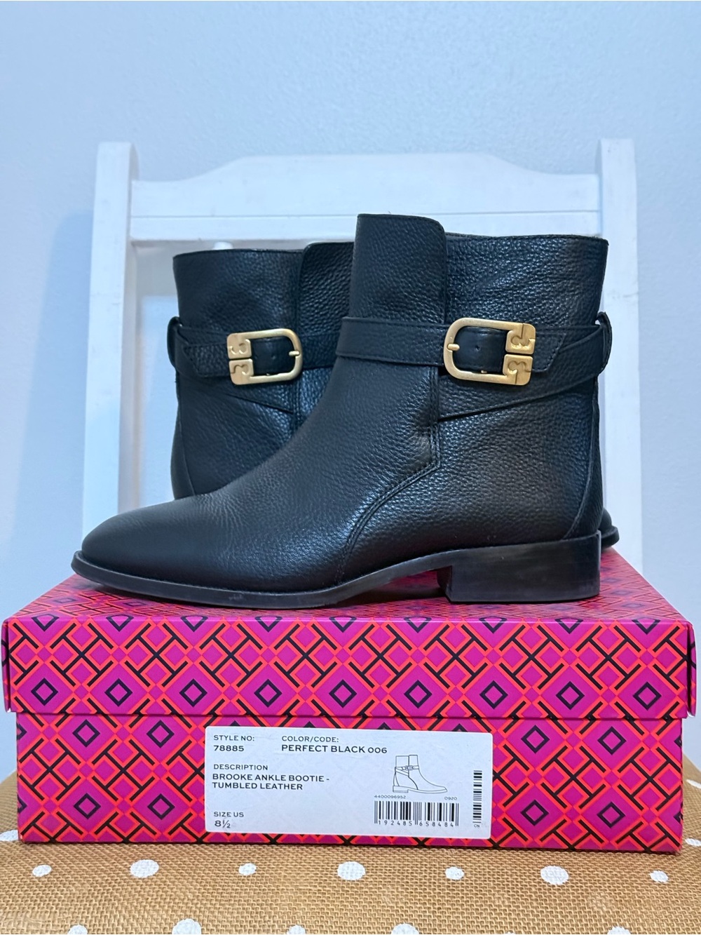 Tory Burch Brooke Leather Ankle Boot in Black with Gold Buckle 8.5